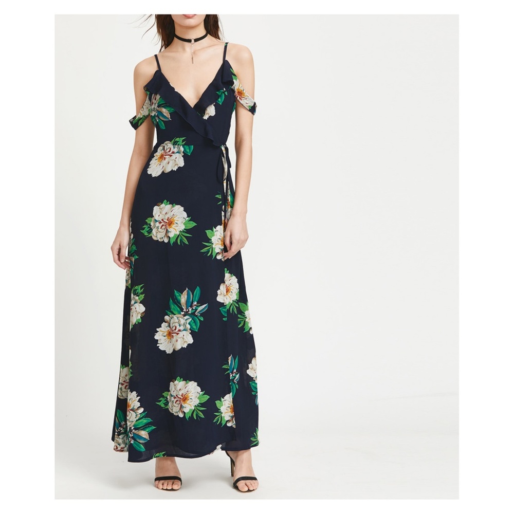 Blue Floral Cold Shoulder Ruffle Wrap Maxi Dress